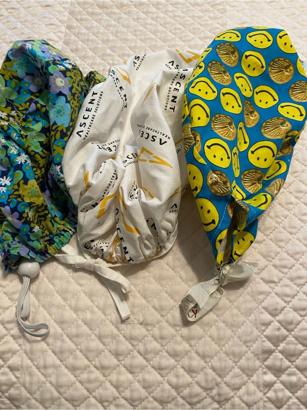 Set of 3 Colorful Scrub Caps - Floral, Logo Print, Smile Faces